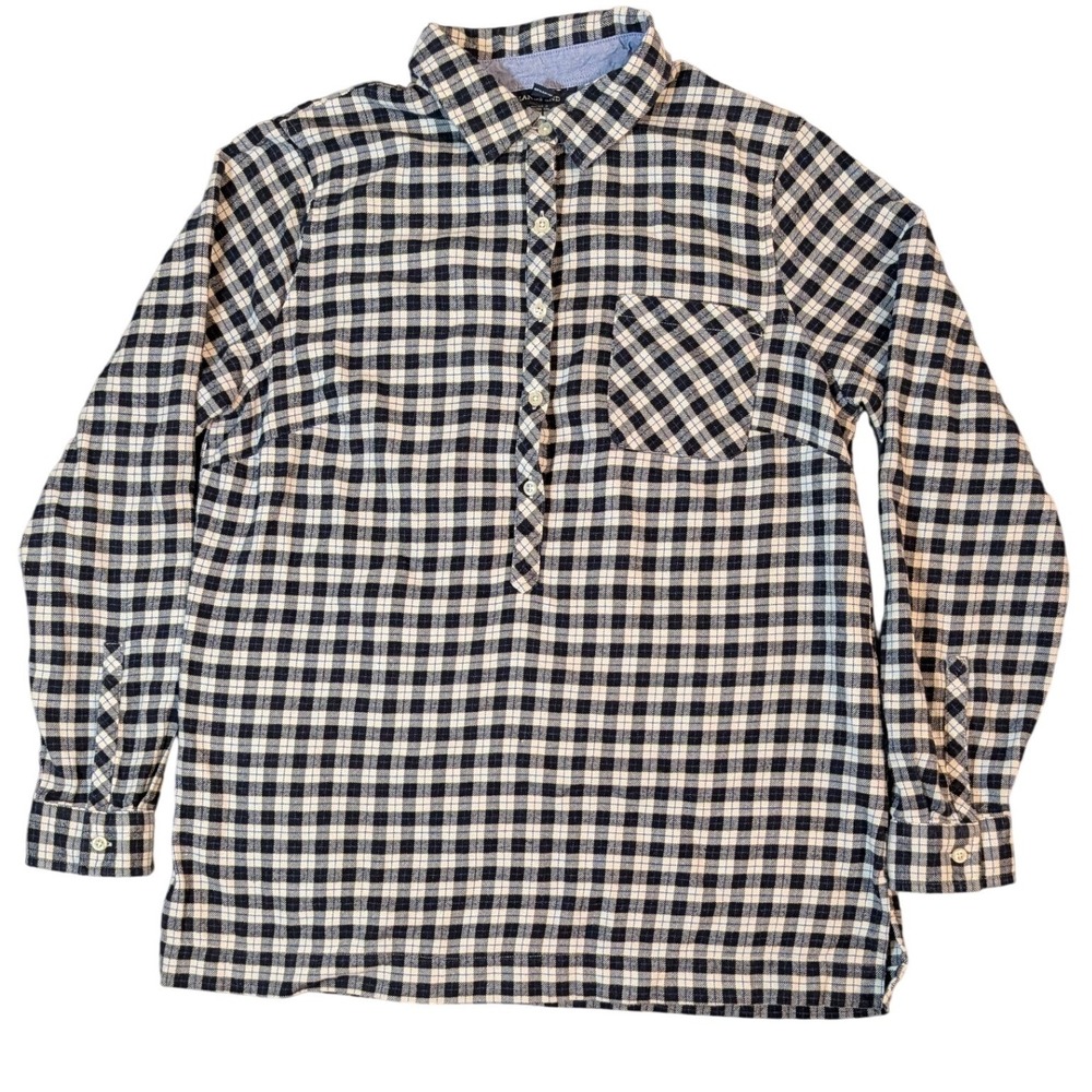 Lands' End Womens 12 Navy White Gingham Cotton Flannel 3/4 Button Popover Shirt